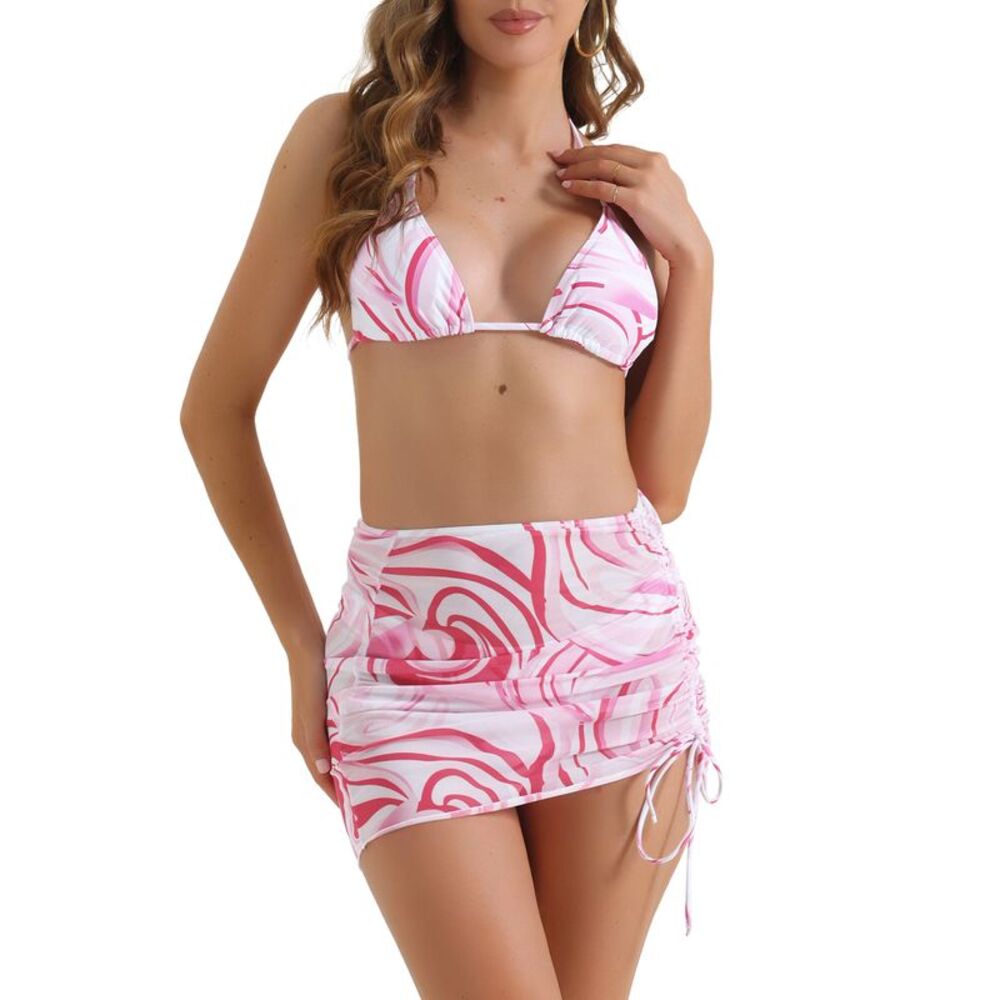 3 Piece Tie Back Triangle Bottoms Halter Contrast Color Bikini Sets Dark Pink